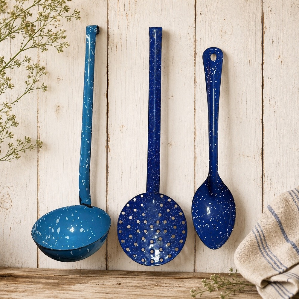 Vintage Blue Enamelware Kitchen Utensil Set Ladle Skimmer Spoon Granite Ware 3pc